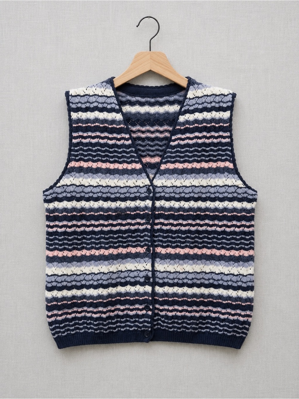 Vintage Northern Reflections Navy, Light Blue & Pink Striped Crochet Vest